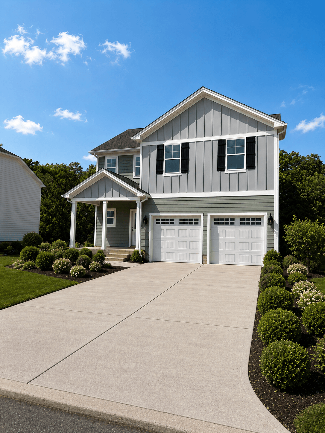 A two-story house with a garage and a driveway.